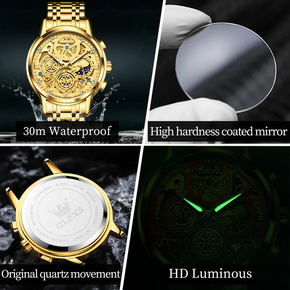 OLEVS Top Brand Men's Watches Luxury Waterproof Quartz Watch For Men Gold Skeleton Fashion Style Male Wristwatches Reloj Hombre