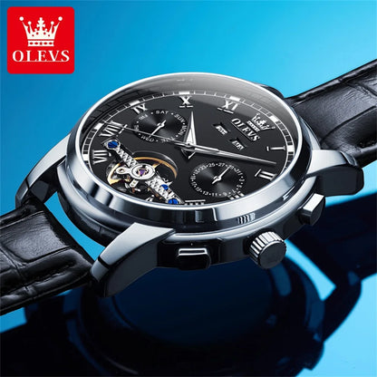 OLEVS Casual Fashion Men's Wrist Watches Best Selling Leather Strap Skeleton Multifunction Luxury Automatic Mechanical Men Watch