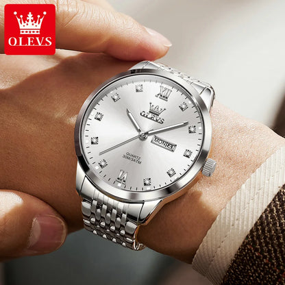 OLEVS High Quality Original Watch for Men Stainless Steel Waterproof Dual Calendar Luminous Quartz Fashion Men's Wrist Watches