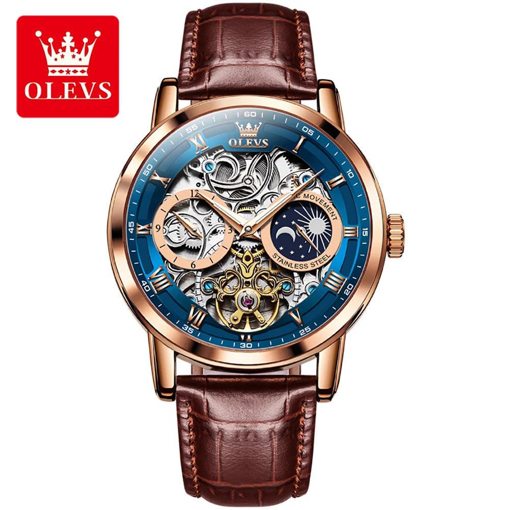 OLEVS Men's Watches Flywheel Hollow Out Full-Automatic Mechanical Wristwatch For Men Waterproof Genuine Leather Moon Phase Watch