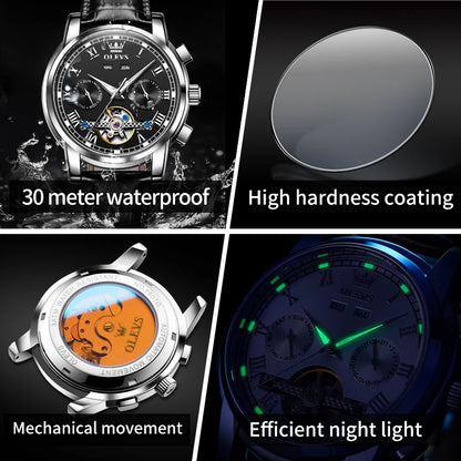 OLEVS Casual Fashion Men's Wrist Watches Best Selling Leather Strap Skeleton Multifunction Luxury Automatic Mechanical Men Watch
