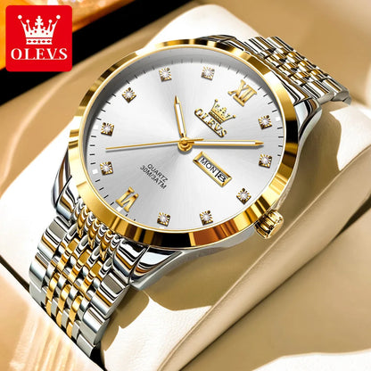 OLEVS High Quality Original Watch for Men Stainless Steel Waterproof Dual Calendar Luminous Quartz Fashion Men's Wrist Watches