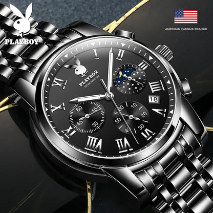 PLAYBOY Top Brand Quartz Watches for Men Waterproof Moon Phase Luxury Men's Watches Elegant  Fashion Original Wrist Watch Men