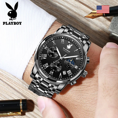 PLAYBOY Top Brand Quartz Watches for Men Waterproof Moon Phase Luxury Men's Watches Elegant  Fashion Original Wrist Watch Men