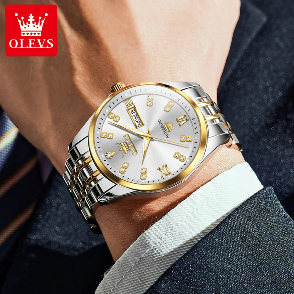 OLEVS Casual Fashion Men Watch Original Stainless Steel Waterproof Dual Calendar Luxury Automatic Mechanical Men's Wrist Watches