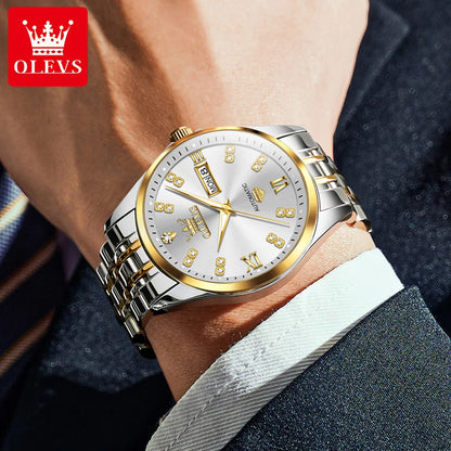 OLEVS Casual Fashion Men Watch Original Stainless Steel Waterproof Dual Calendar Luxury Automatic Mechanical Men's Wrist Watches