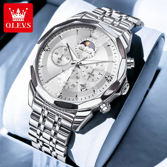 OLEVS Top Brand Fashion Business Watch for Men Original Stainless Steel Waterproof Calendar Quartz Multifunction Wrist Watch Men