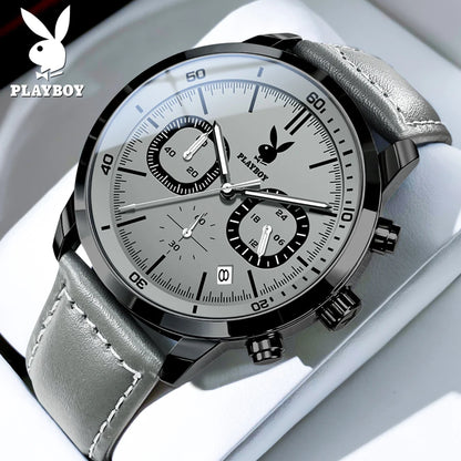 PLAYBOY Original Classic Leather Strap Men Quartz Watch Top Brand Multifunction Wrist Watch Men Casual Fashion Watches for Men