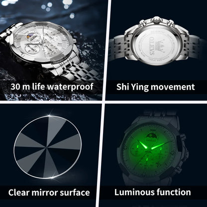 OLEVS Top Brand Fashion Business Watch for Men Original Stainless Steel Waterproof Calendar Quartz Multifunction Wrist Watch Men