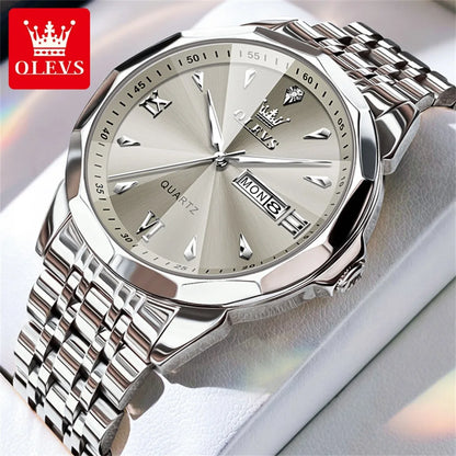 OLEVS Casual Fashion Business Men Quartz Watch Stainless Steel Waterproof Calendar Luminous Original Luxury Men's Wrist Watches