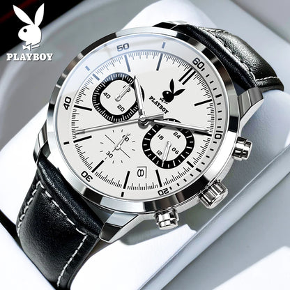 PLAYBOY Original Classic Leather Strap Men Quartz Watch Top Brand Multifunction Wrist Watch Men Casual Fashion Watches for Men