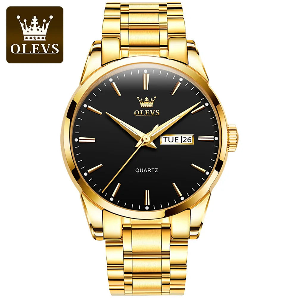 OLEVS Men Watches Waterproof Stainless Steel Quartz Male Wristwatch Gold Watch Fashion Luminous Luxury Calendar Business Clock