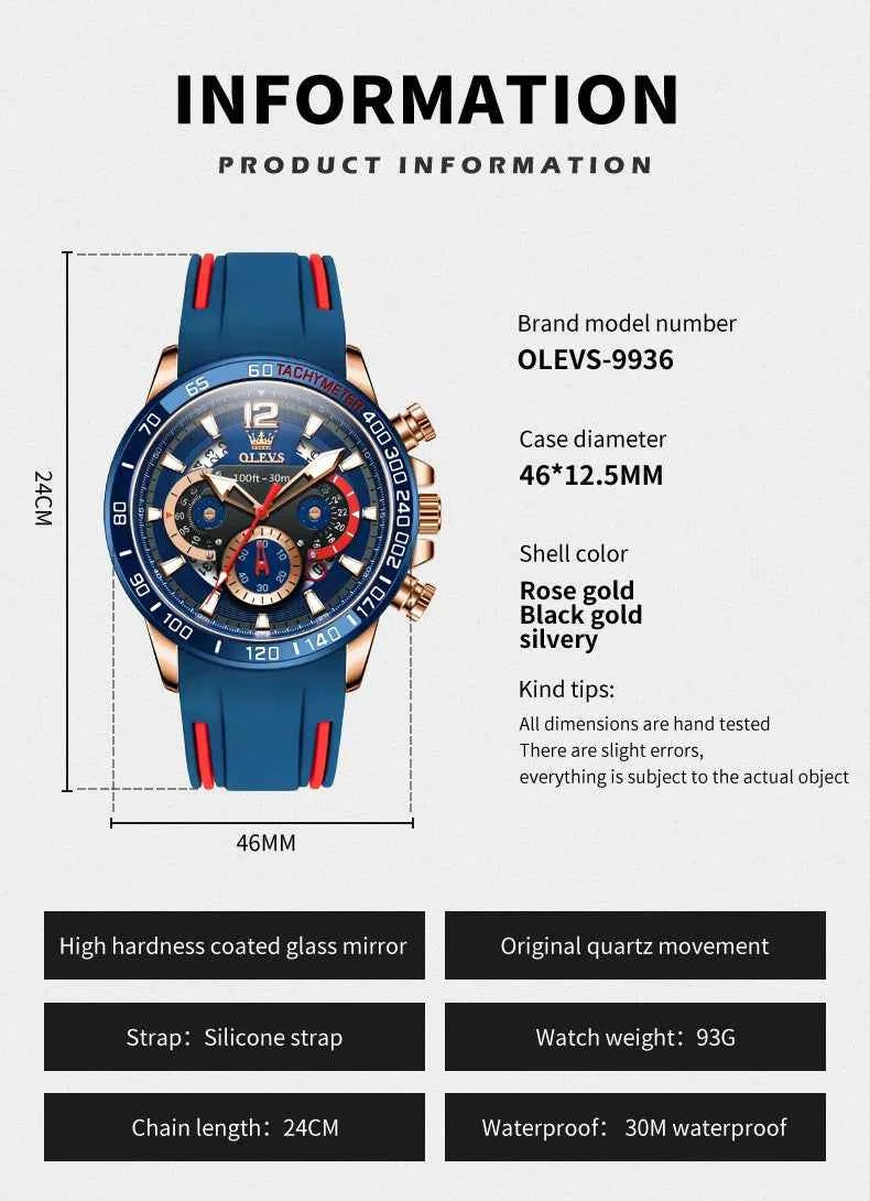 OLEVS Quartz Watch For Men 2023 New Fashion Silicone Strap Waterproof Luminous Date Week Display Sports Wristwatch Reloj Hombre