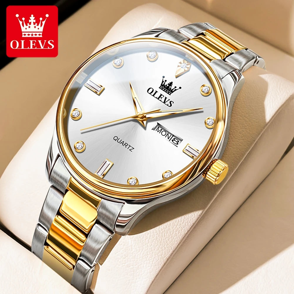 OLEVS Casual Simple Men's Wrist Watches Original Stainless Steel Waterproof Luminous Dual Calendar Quartz Fashion Watch for Men