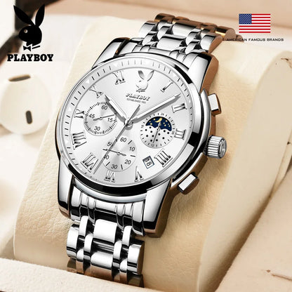 PLAYBOY Top Brand Quartz Watches for Men Waterproof Moon Phase Luxury Men's Watches Elegant  Fashion Original Wrist Watch Men