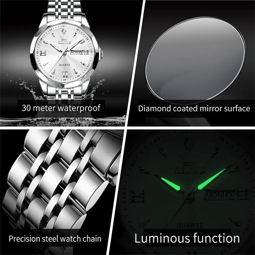 OLEVS Casual Fashion Business Men Quartz Watch Stainless Steel Waterproof Calendar Luminous Original Luxury Men's Wrist Watches