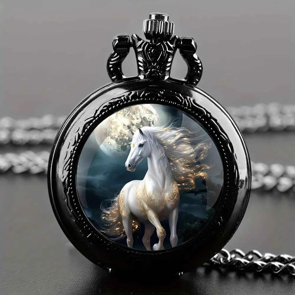 Retro Unique Silvery Horse Animal Design Necklace Pendant Quartz Pocket Watch, Cool Exquisite Accessory for Men Women and Kids
