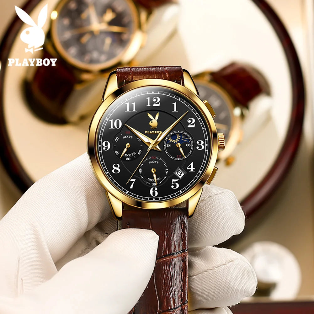 PLAYBOY Fashion Luxury Multifunction Quartz Men's Watches Original Waterproof Calendar Luminous Leather Strap Wrist Watch Men