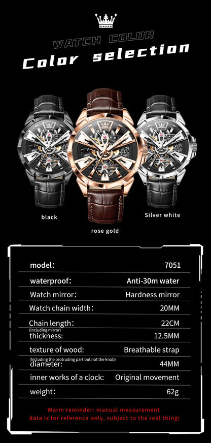 OLEVS Original Fashion Trend Business Men Watch Top Brand High Quality Skeleton Leather Strap Automatic Mechanical Watch for Men