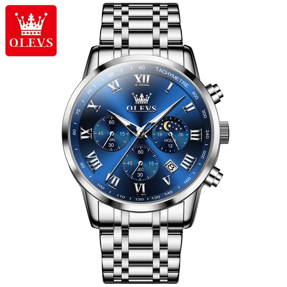 OLEVS Luxury Quartz Watch for Men Business Waterproof Sport Male Watches Leather Strap Moon Phase Wristwatch Relogios Masculino