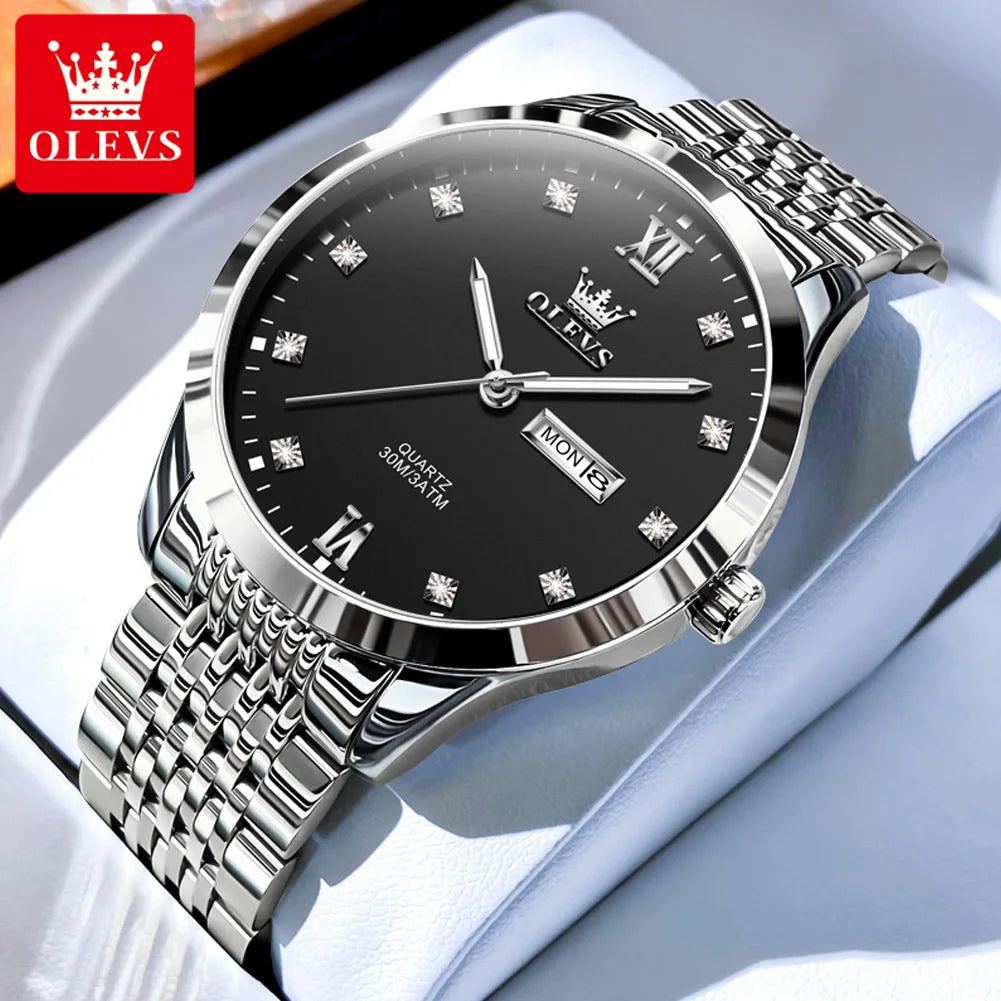 OLEVS High Quality Original Watch for Men Stainless Steel Waterproof Dual Calendar Luminous Quartz Fashion Men's Wrist Watches