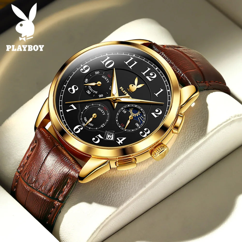 PLAYBOY Fashion Luxury Multifunction Quartz Men's Watches Original Waterproof Calendar Luminous Leather Strap Wrist Watch Men