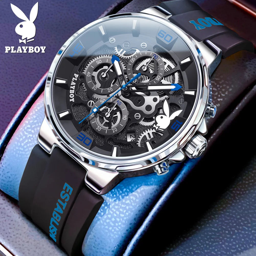 PLAYBOY Luxury Original Watch for Men Silicone Strap Fashion Quartz Men's Wrist Watches Waterproof Luminous Sports Male Watch
