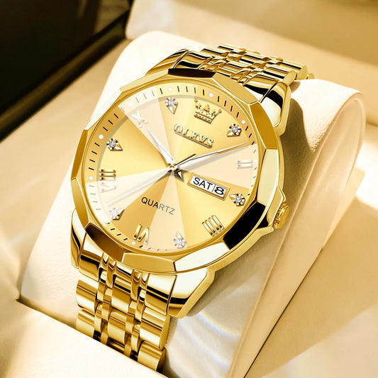OLEVS New Watch for Men Original Quartz Waterproof Male Wristwatch Gold Stainless Steel Strap High-end Luxury Man Watch Clock