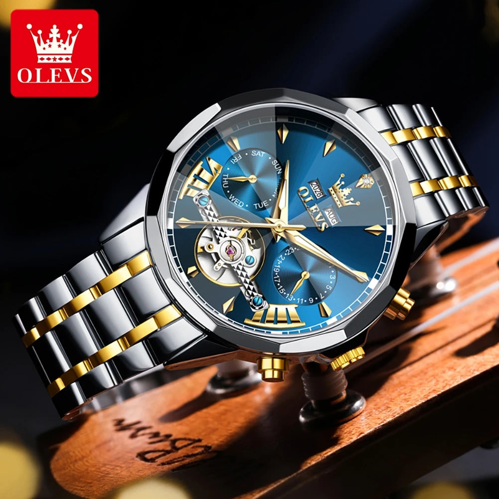 OLEVS High Quality Fashion Luxury Men Watch Original Stainless Steel Waterproof Automatic Mechanical Multifunction Watch for Men
