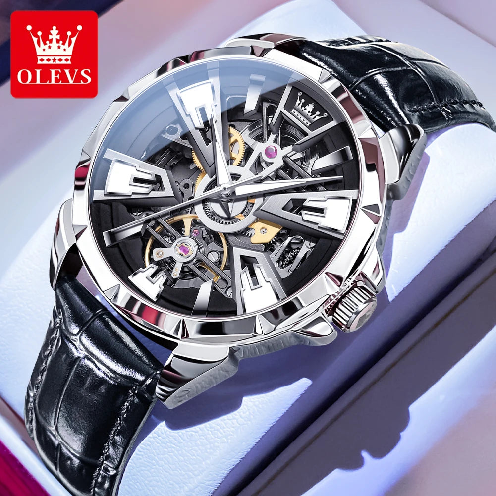 OLEVS Original Fashion Trend Business Men Watch Top Brand High Quality Skeleton Leather Strap Automatic Mechanical Watch for Men