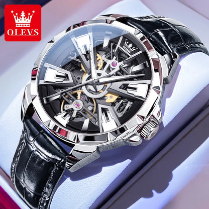OLEVS Original Fashion Trend Business Men Watch Top Brand High Quality Skeleton Leather Strap Automatic Mechanical Watch for Men