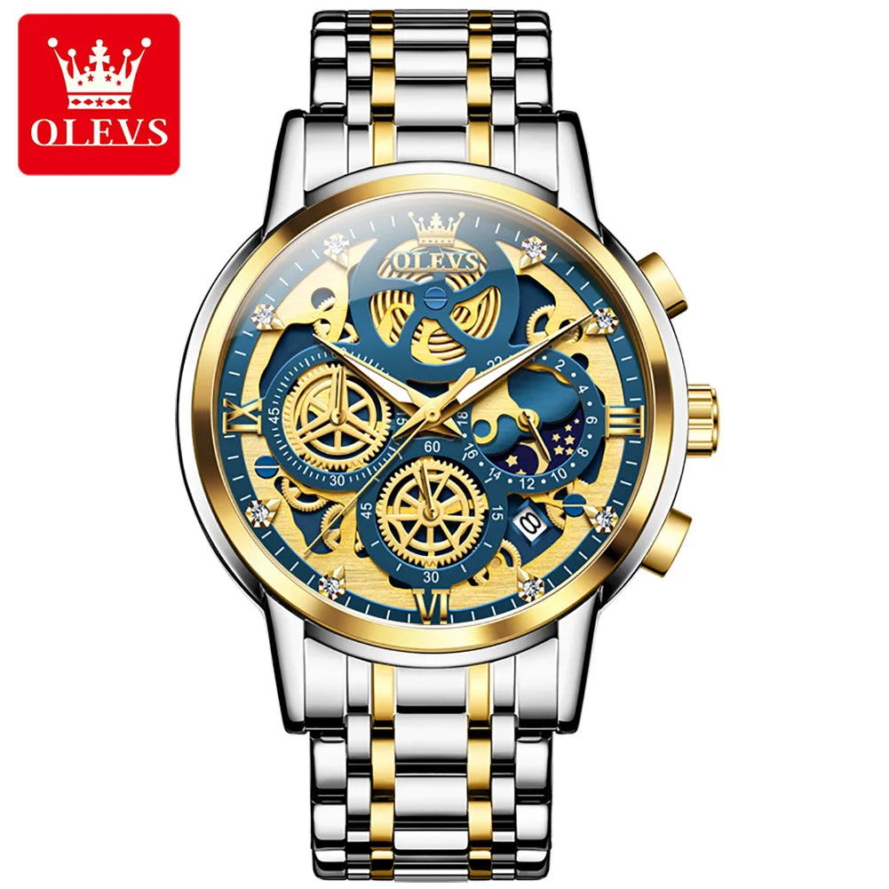 OLEVS Top Brand Men's Watches Luxury Waterproof Quartz Watch For Men Gold Skeleton Fashion Style Male Wristwatches Reloj Hombre