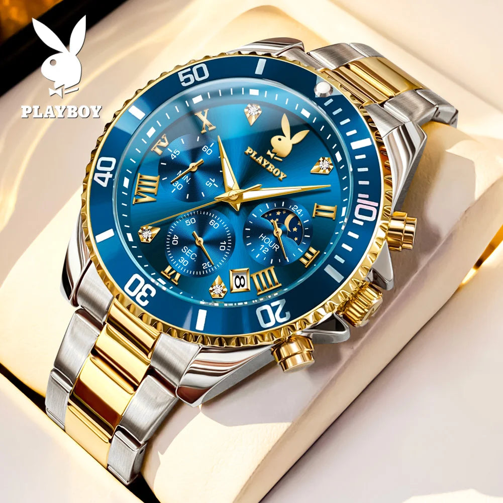 PLAYBOY High Quality Fashion Watch for Men Original Stainless Steel Waterproof Calendar Luxury Multifunction Quartz Men Watch