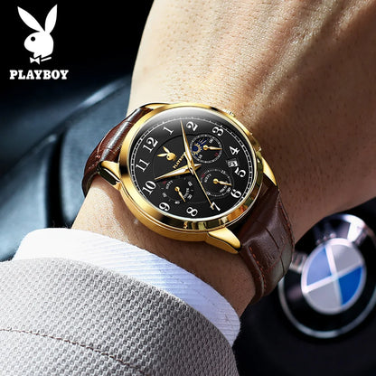 PLAYBOY Fashion Luxury Multifunction Quartz Men's Watches Original Waterproof Calendar Luminous Leather Strap Wrist Watch Men