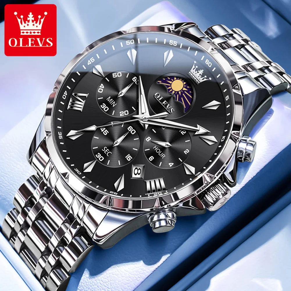 OLEVS Original Fashion Men Watch Stainless Steel Waterproof Luminous Dual Calendar Luxury Multifunction Quartz Men's Wrist Watch