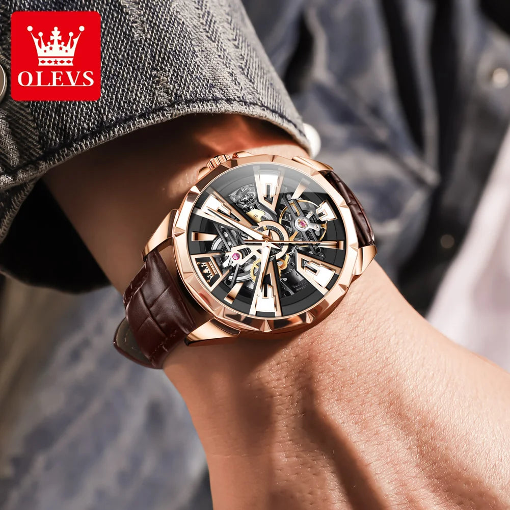OLEVS Original Fashion Trend Business Men Watch Top Brand High Quality Skeleton Leather Strap Automatic Mechanical Watch for Men