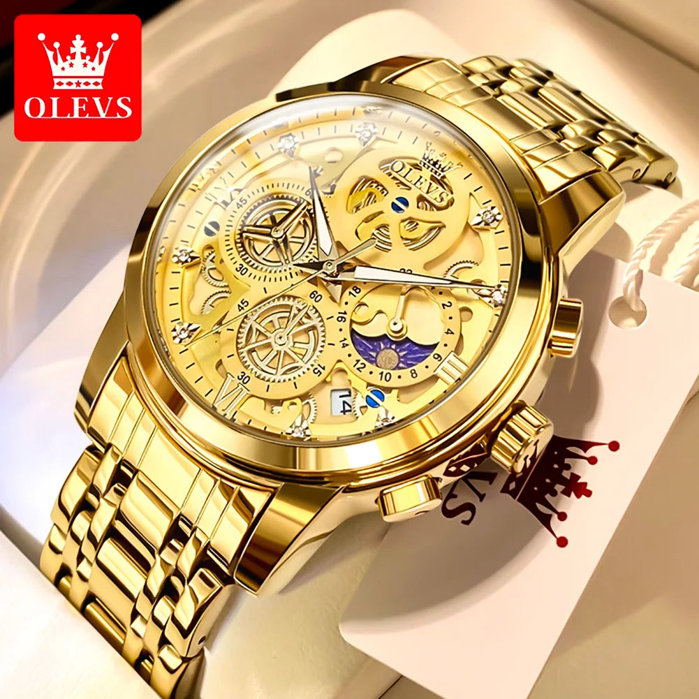 OLEVS Top Brand Men's Watches Luxury Waterproof Quartz Watch For Men Gold Skeleton Fashion Style Male Wristwatches Reloj Hombre