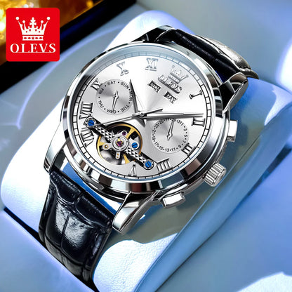 OLEVS Casual Fashion Men's Wrist Watches Best Selling Leather Strap Skeleton Multifunction Luxury Automatic Mechanical Men Watch