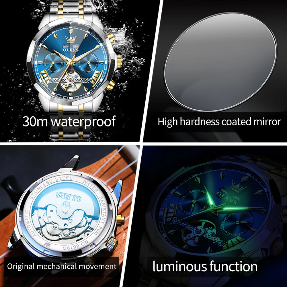 OLEVS High Quality Fashion Luxury Men Watch Original Stainless Steel Waterproof Automatic Mechanical Multifunction Watch for Men
