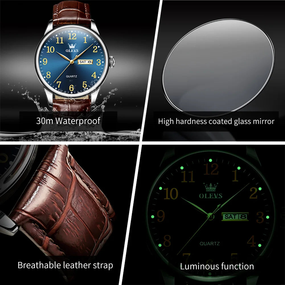 OLEVS Classic Men's Watch Quartz Leather Strap Digital Dial Wristwatches Date Business Casual Watches for Men Relogios Masculino