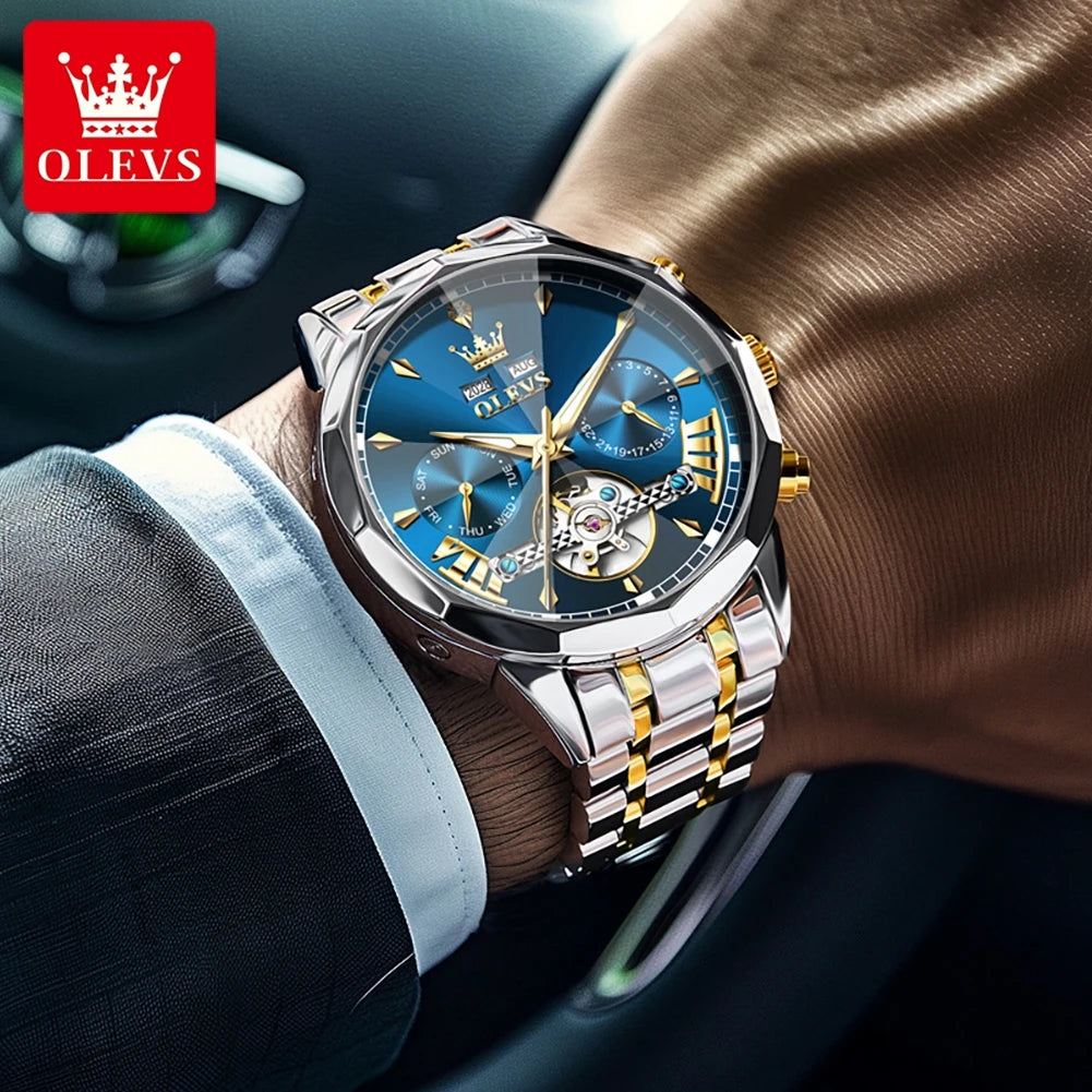 OLEVS High Quality Fashion Luxury Men Watch Original Stainless Steel Waterproof Automatic Mechanical Multifunction Watch for Men