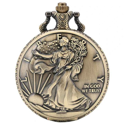 Retro Bronze Statue of Liberty Coin Pattern Collectible Quartz Pocket Watch Gift for Male Women Chronograph Hombre Relojes